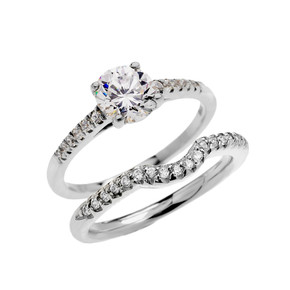 White Gold Dainty Diamond Wedding Ring Set With 1 Carat White Topaz Center Stone
