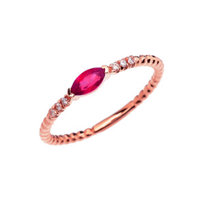 Diamond and Ruby Marquise Solitaire Beaded Band Proposal/Stackable Rose Gold Ring