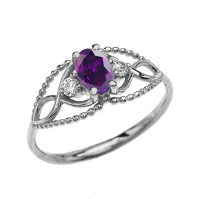 Elegant Beaded Solitaire Ring With Amethyst Centerstone and White Topaz in White Gold