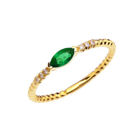 Diamond and Lab Created Emerald Marquise Solitaire Beaded Band Proposal/Stackable Yellow Gold Ring