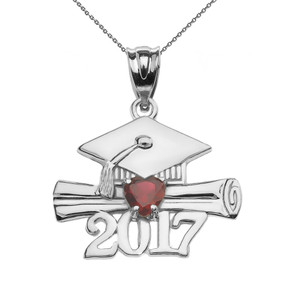 Sterling Silver Heart January Birthstone Garnet CZ Class of 2017 Graduation Pendant Necklace