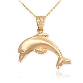 Yellow Gold Jumping Dolphin Pendant Necklace