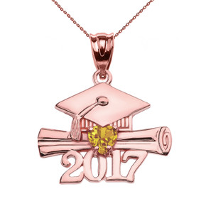 Rose Gold Heart November Birthstone Yellow CZ Class of 2017 Graduation Pendant Necklace