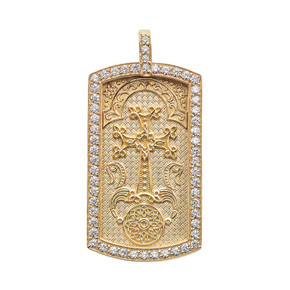 Armenian Cross "Khachkar" Diamond Gold Dog Tag Pendant Necklace (Available in Yellow/Rose/White Gold)