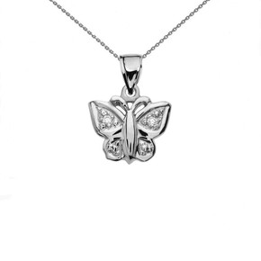 Diamond Butterfly Sterling Silver Charm Pendant Necklace