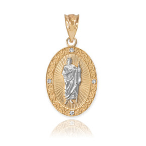 Yellow Gold Two Tone St Jude Diamond Oval Small Pendant Necklace