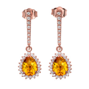 Diamond And Checkerboard Citrine Rose Gold Elegant Earrings