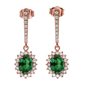 Diamond And May Birthstone (LCE) Emerald Rose Gold Elegant Earrings