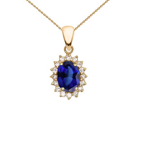 Diamond And September Birthstone Sapphire Yellow Gold Elegant Pendant Necklace