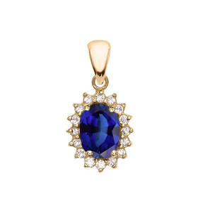 Diamond And September Birthstone Sapphire Yellow Gold Elegant Pendant Necklace