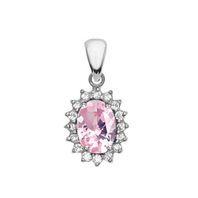 Diamond And October Birthstone Pink CZ White Gold Elegant Pendant Necklace