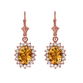 14K Diamond And Citrine Rose Gold Dangling Earrings