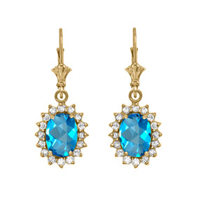 Diamond And Blue Topaz Yellow Gold Dangling Earrings