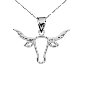 High Polish Open Work Texas Longhorn Bull White Gold Pendant Necklace