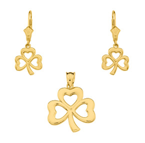 14K Gold Polished Lucky Shamrock Necklace Earring Set(Available in Yellow/Rose/White Gold)