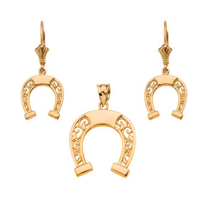 14K Gold Filigree Horseshoe Necklace Earring Set(Available in Yellow/Rose/White Gold)