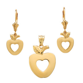 14K Gold Apple Heart Necklace Earring Set(Available in Yellow/Rose/White Gold)