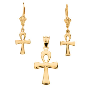 14K Gold Egyptian Ankh Polished Necklace Earring Set(Available in Yellow/Rose/White Gold)