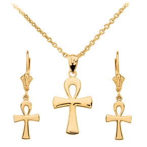 14K Gold Egyptian Ankh Polished Necklace Earring Set(Available in Yellow/Rose/White Gold)