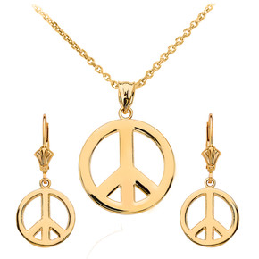 14K Gold Boho Peace Sign Necklace Earring Set(Available in Yellow/Rose/White Gold)
