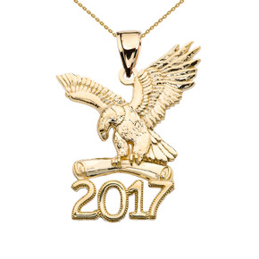 Gold Class of 2017 Graduation Eagle Holding Diploma Pendant Necklace (Available in Yellow/Rose/White Gold)