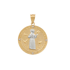 Two Tone Yellow Gold Saint Francis of Assisi Circle Medallion Diamond Pendant Necklace (Small)
