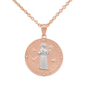 Two Tone Rose Gold Saint Francis of Assisi Circle Medallion Diamond Pendant Necklace (Small)