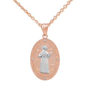 Two Tone Rose Gold Saint Francis of Assisi Oval Medallion Diamond Pendant Necklace (Small)