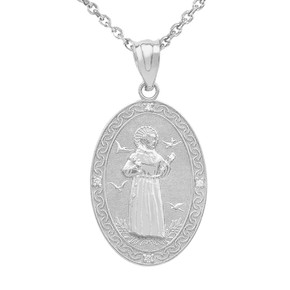 Sterling Silver St.Francis of Assisi Oval Medallion CZ Stone Pendant Necklace (Medium)