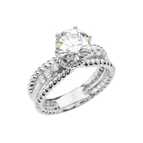 Diamond White Gold Rope Design Modern Engagement Solitaire Ring With 1 Carat White Topaz Center stone