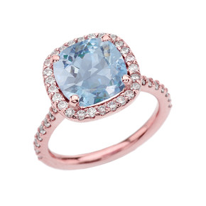 Halo Cushion 4 Ct Checkerboard Aquamarine(LCA) and Diamond Rose Gold Engagement and Proposal/Promise Ring