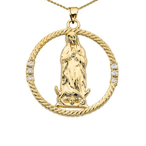 The Blessed Virgin Mary Diamond Gold Round Design Pendant Necklace (Available in Yellow/Rose/White Gold)