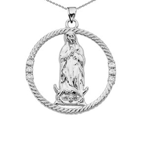 .925 Sterling Silver The Blessed Virgin Mary Diamond Round Design Pendant Necklace 