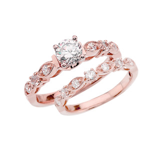 Rose Gold Diamond Wedding Ring Set With White Topaz Center Stone