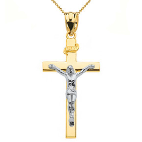 Two Tone Yellow Gold and White Gold Jesus Crucifix Cross Pendant Necklace ( 1.60")