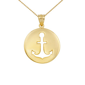 Gold Anchor Silhouette Circle Pendant Necklace (Available in Yellow/Rose/White Gold)