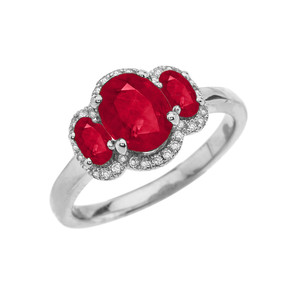 Three-Stone Red CZ with Diamond Halo Engagement Ring in White Gold