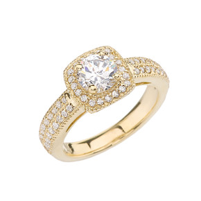 Gold Diamond Modern Halo Engagement/Proposal Ring With White Topaz Center Stone