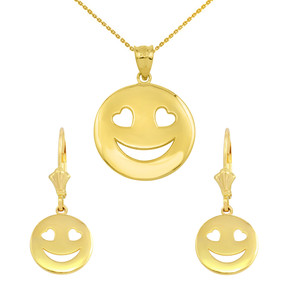 14K Gold Heart Eyes Smiley Face Pendant Necklace Earring Set(Available in Yellow/Rose/White Gold)