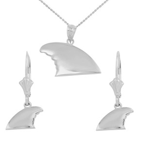 14k White Gold Shark Fin Pendant Necklace Earring Set