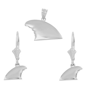 Sterling Silver  Shark Fin Pendant Necklace Earring Set