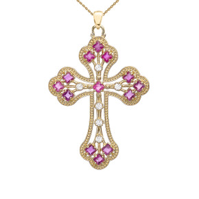 Yellow Gold Fancy Cross Pendant Necklace With Gemstone and Diamonds