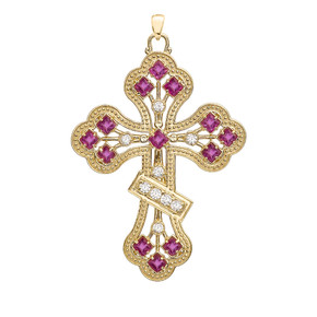 Yellow Gold Fancy Cross Diamond Pendant Necklace With Gemstone