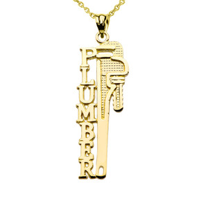 Yellow Gold Plumber Tool Wrench Pendant Necklace
