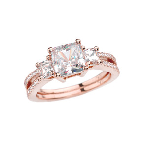 Rose Gold Diamond Double Raw Elegant Princess Cut Engagement/Proposal Ring With Over 3 Ct Princess Cut Cubic Zirconia