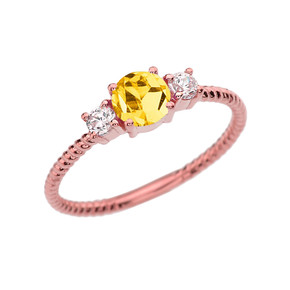 Dainty Rose Gold Citrine and White Topaz Rope Design Engagement/Promise Ring