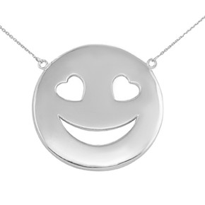 Sterling Silver Smiley Face Heart Eyes Sideways Pendant Necklace