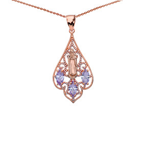 Rose Gold Our Lady of Guadalupe Filigree Tri-Tone Pendant Necklace With Lavender CZ