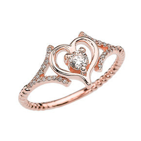 Rose Gold Dainty Open Heart Diamond Solitaire Rope Design Engagement/Proposal Ring