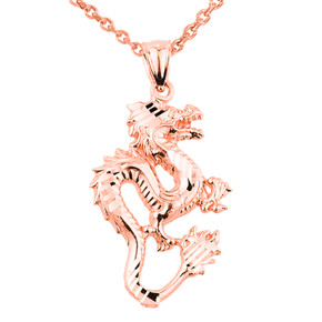 Rose Gold Diamond Cut Dragon Charm Pendant Necklace